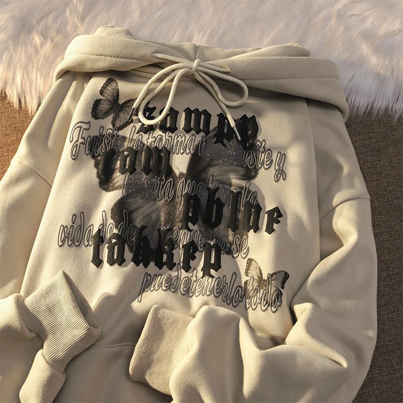 2022 early autumn new Korean version loose long sleeved top female student ink butterfly letter print hooded sweater clothing alx