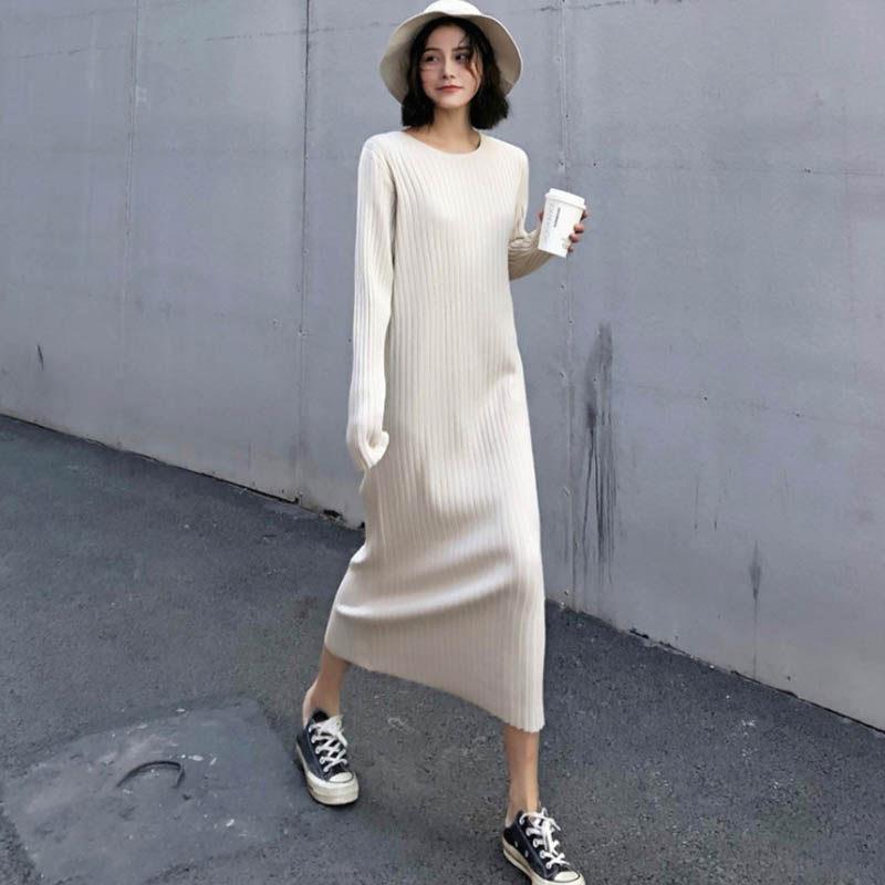 Women Long Sleeve Dresses Midi Dress Elegant Ribbed O-neck Straight Korean Style Trendy Simple High Elasticity All-match Knitted alx