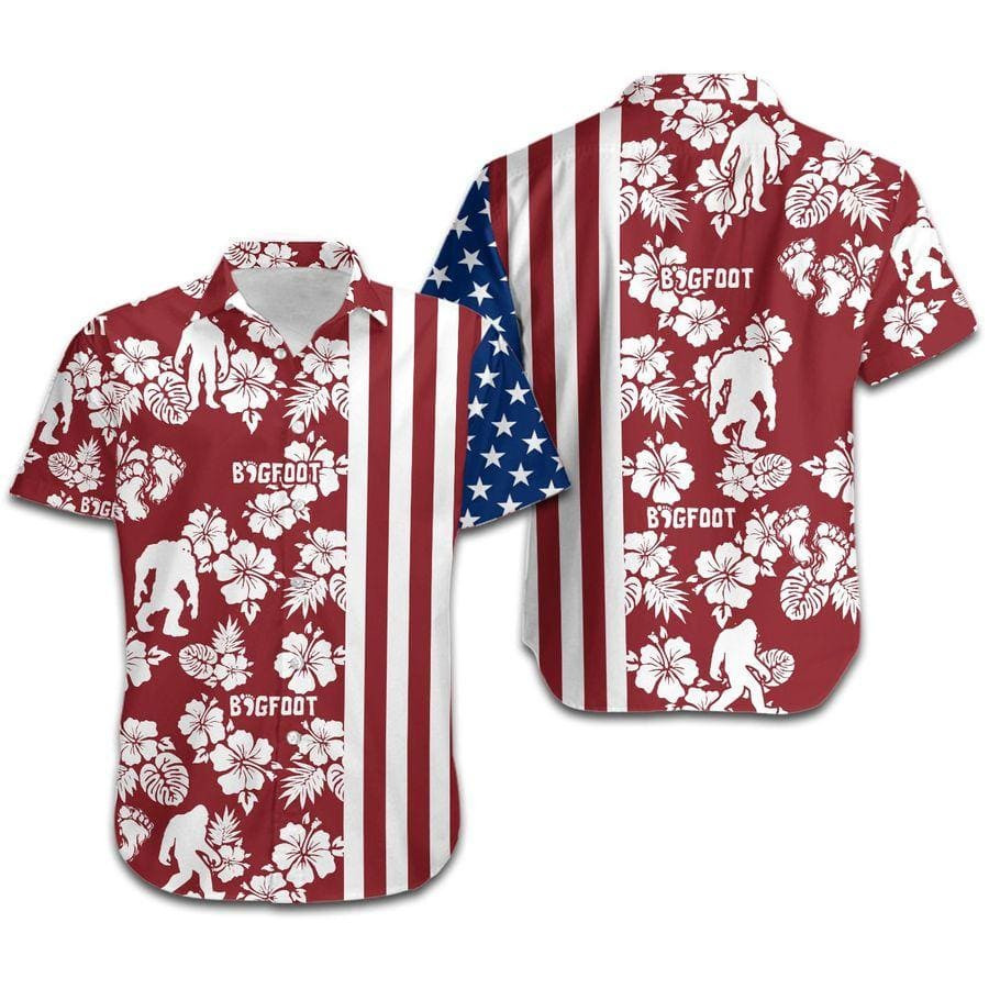 Hawaii Aloha Shirts Bigfoot Red Hibiscus Flowers American Flag Ha34343