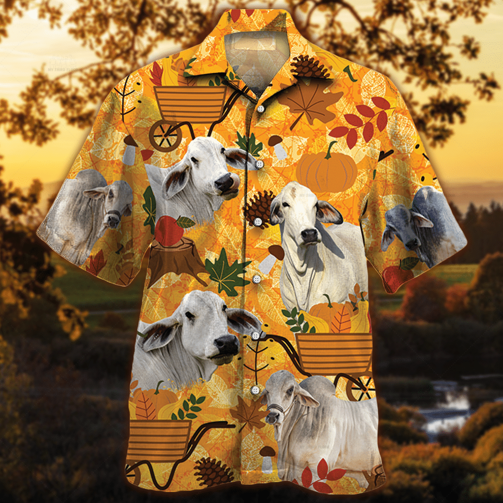 Brahman Cattle Lovers Orange Nature Autumn Hawaii Cow Hawaii Shirt For Men Women Ha62892