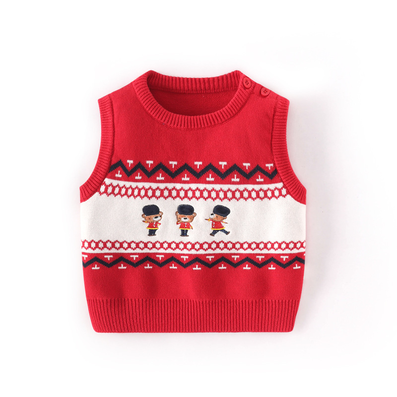 Toddler Boy Soldier Knitted Vest Tops Baby Cartoon Knitwear Children Embroidery Bear Sleeveless Knit Sweater Spring Baby Clothes alx