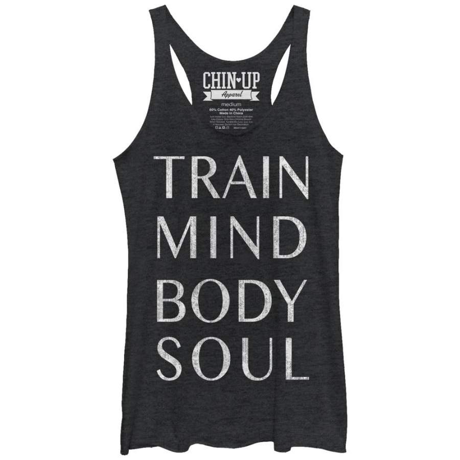 CHIN UP Women’s Train Mind Body Soul  Racerback Tank Black Heather