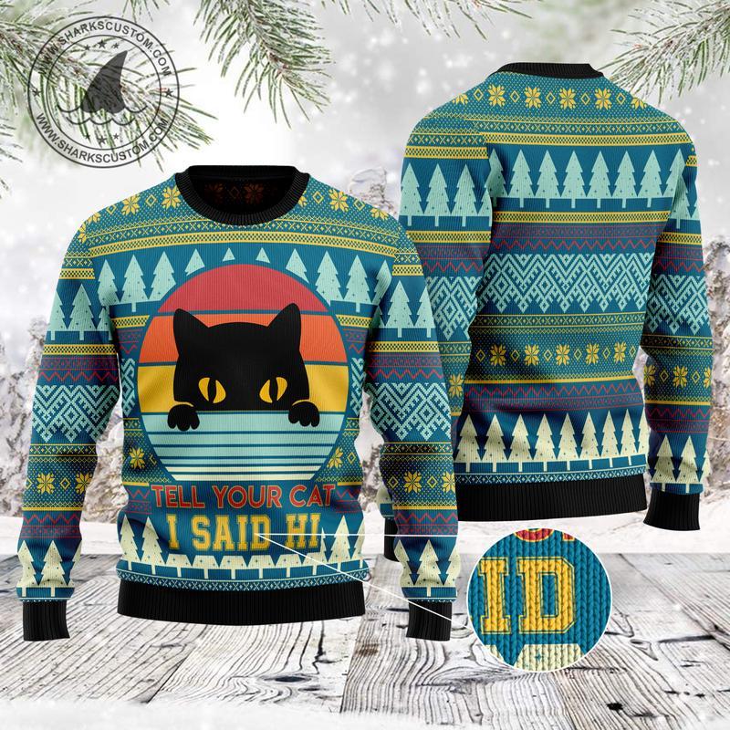 Cat Say Hi Ugly Christmas Sweater | For Men & Women | Adult | Us5892