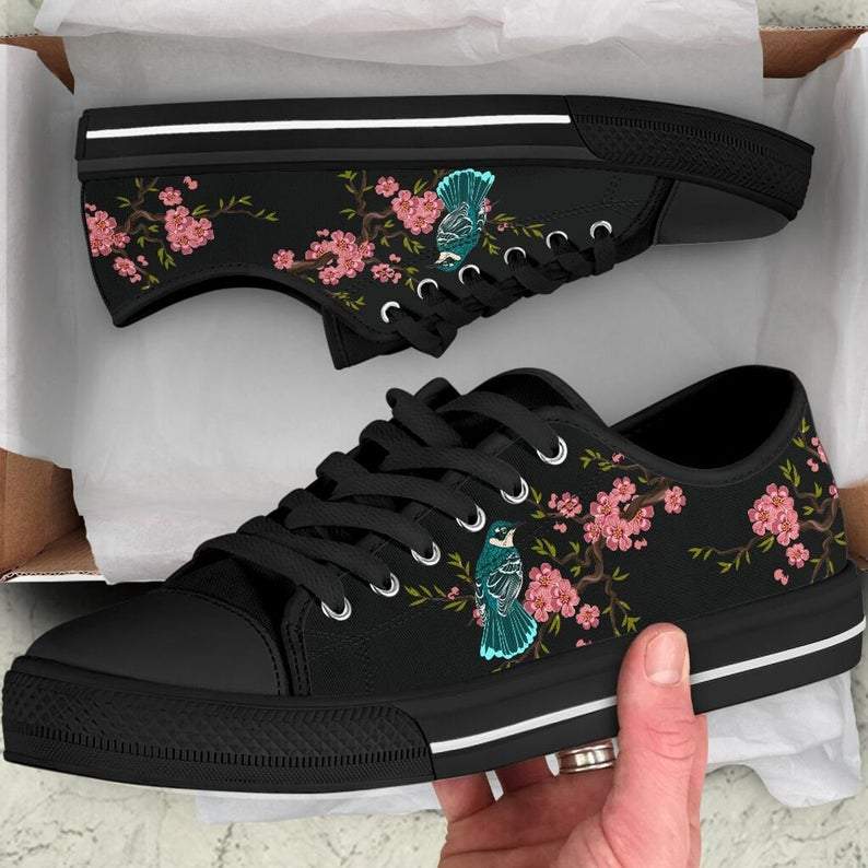 Japanese Sakura Cherry Blossom Bird Low Top Shoes 37 Floral, Sneakers For Adults, Low Top Shoes, Converse Style, Flower Shoes