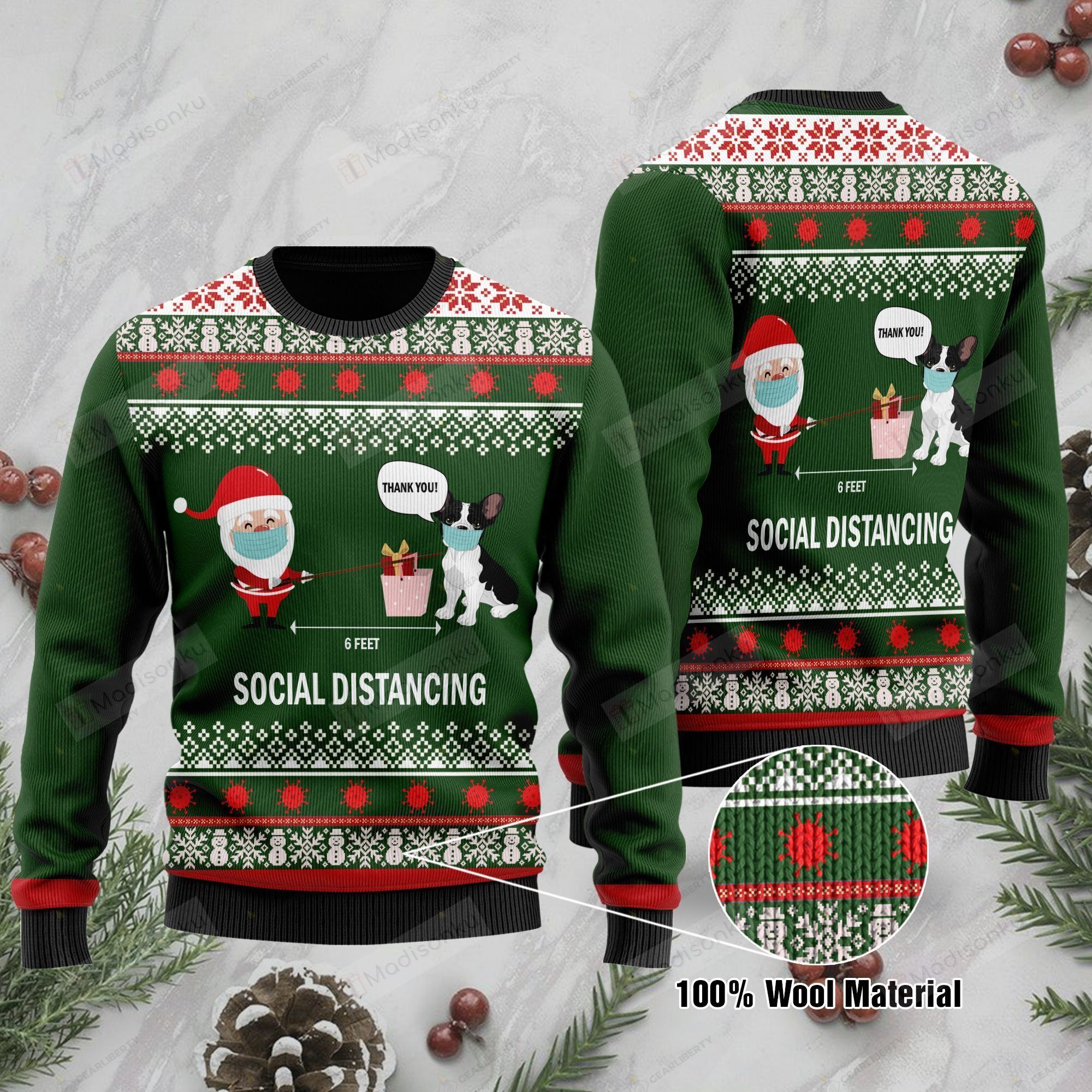 6 Feet Social Distancing French Bulldog And Santa Claus For Unisex Ugly Christmas Sweater, All Over Print Sweatshirt