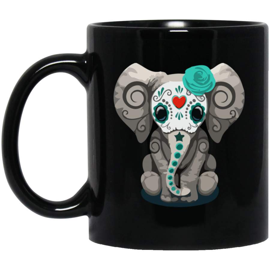 Blue Day of the Dead Sugar Skull Baby Elephant Black Mug