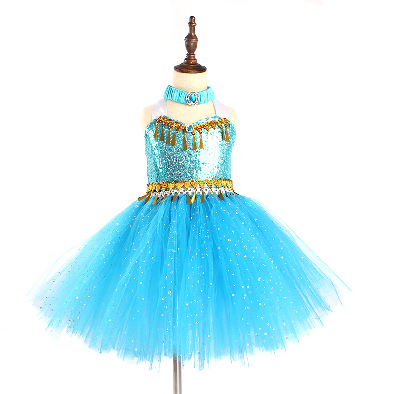 Aladdin Jasmine Girls Tutu Dress Headband Outfit Kids Birthday Party Pageant Sparkly Tulle Fancy Dress Sequins Children Clothes alx