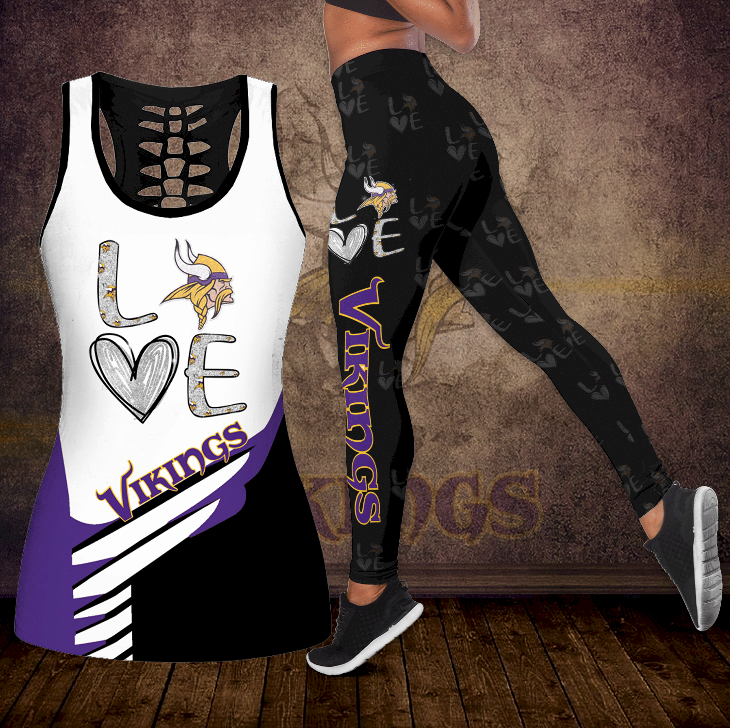 Combo Minnesota Vikings Love Hollow Tanktop Leggings set OUTFIT K1993