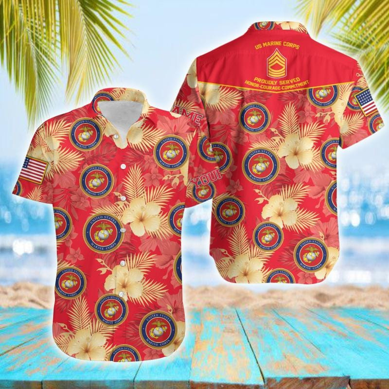 Personalized Name And Rank Proudly Served Us Marine Corps Red Unisex Hawaii Shirts Ha32082