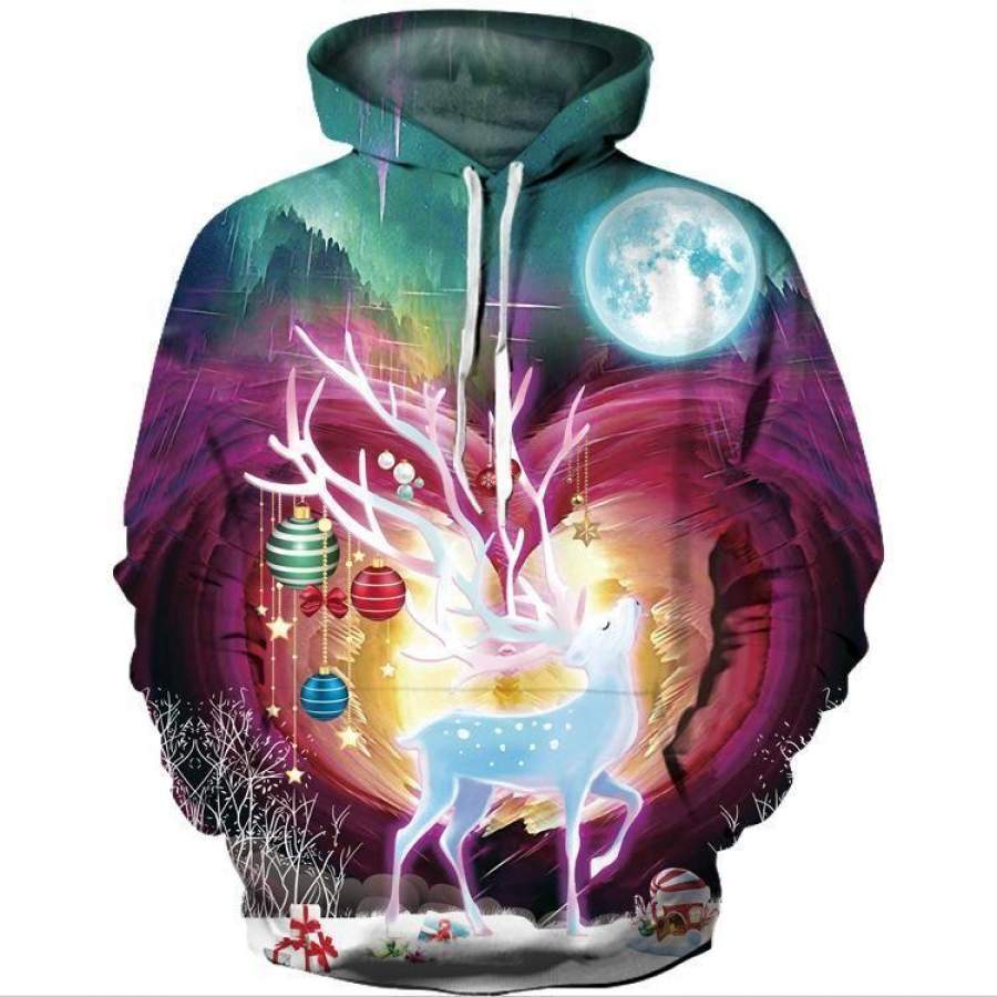3D Christmas Elk Light Printed Pullover Hoodie Sweatshirt
