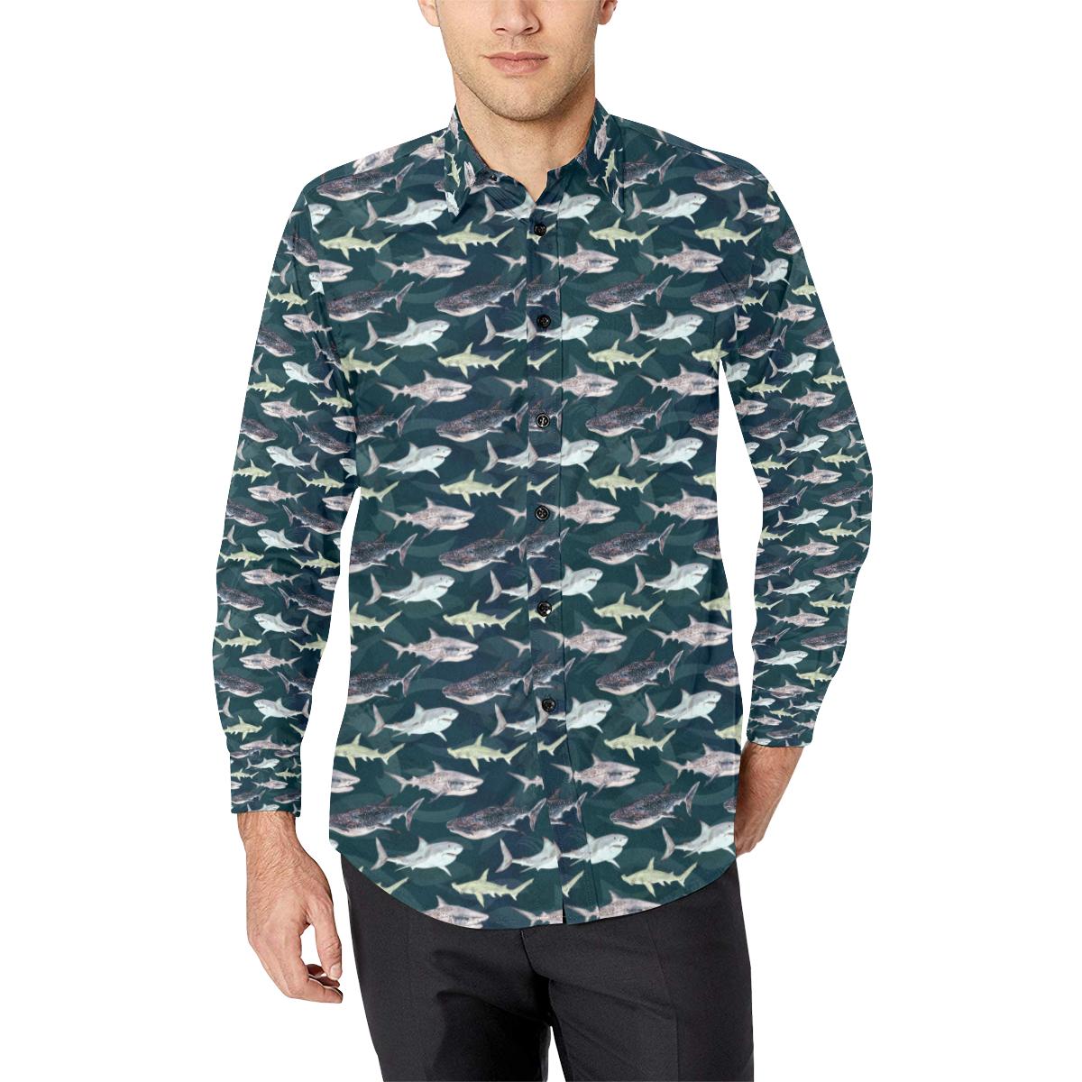 Shark Pattern Print Long Sleeve Dress Shirt