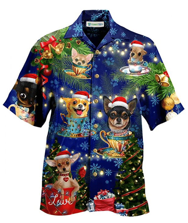 Christmas Hawaii Chihuahua Blue Button Up Shirt For Men Ha22839