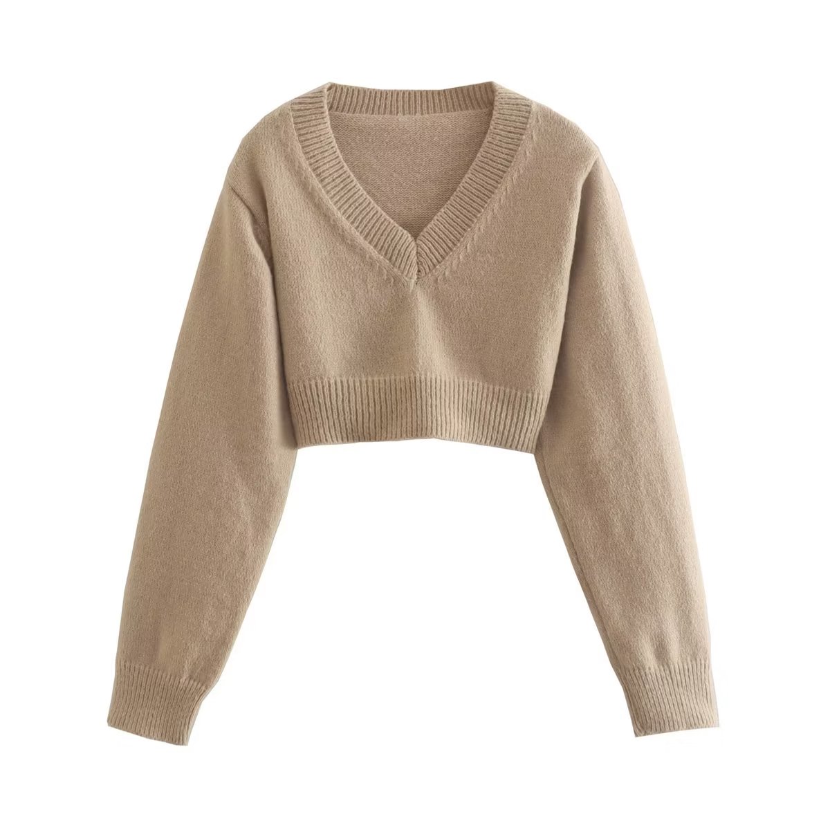 2022 New Crop Sweater Women Fashion Khaki Knitted Top V-Neck Long Sleeves Chic Lady Casual Short Pullover Top Fall Winter alx