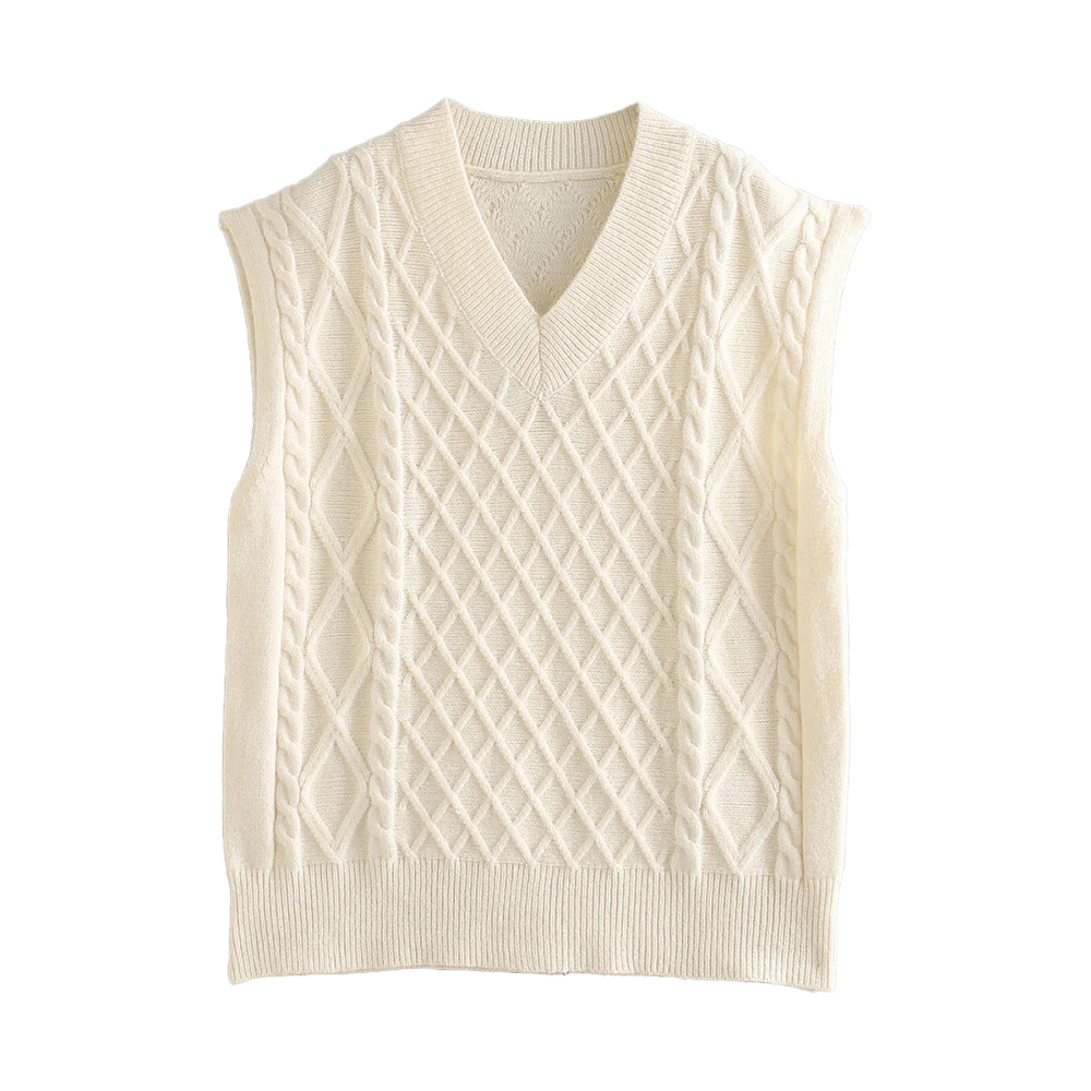 XIKOM 2021 Autumn Cream Women Vest Top Sleeveless V Neck Knitted Vest Women Casual Loose Sweater Vest Women alx