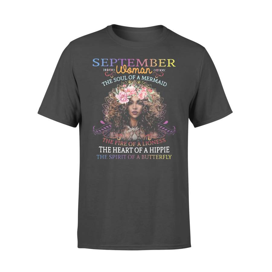 September Woman The Soul Of A Mermaid The Fire Of A Lioness The Heart Of A Hippie Flowers T-shirt