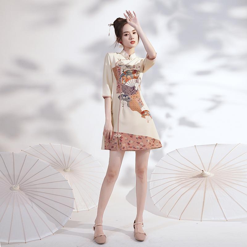 Women Dresses Vintage Printed Stand Collar Chinese Style Spring Reformed Designs Mini Dress Retro Qipao Female Newest Vestido alx