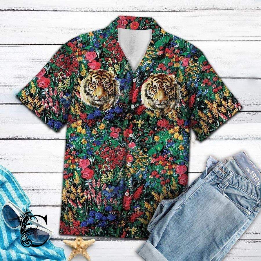 Beach Shirt Tiger Flowers Hawaiian Shirts V- Chillicothemall