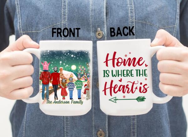 Personalized Ceramic Mug, Christmas Family Standing With Dog, Christmas Gift For Family And Dog Lovers