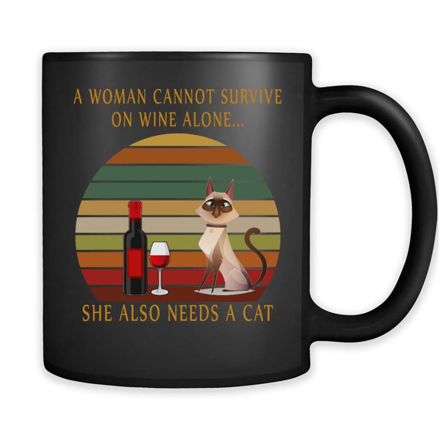 A Woman Cannot Survive On Wine Alone She Also needs A Cat, Cat and Wine Lover, Classic Vintage Retro Design – Full-Wrap Coffee Black Mug