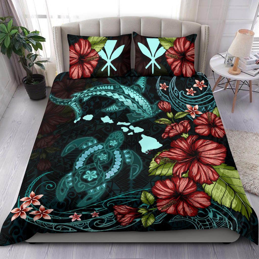 Alohawaii Bedding Set – Cover And Pillow Cases Kanaka Maoli (Hawaiian) Shark And Turtle Polynesian With Hibiscus Th5