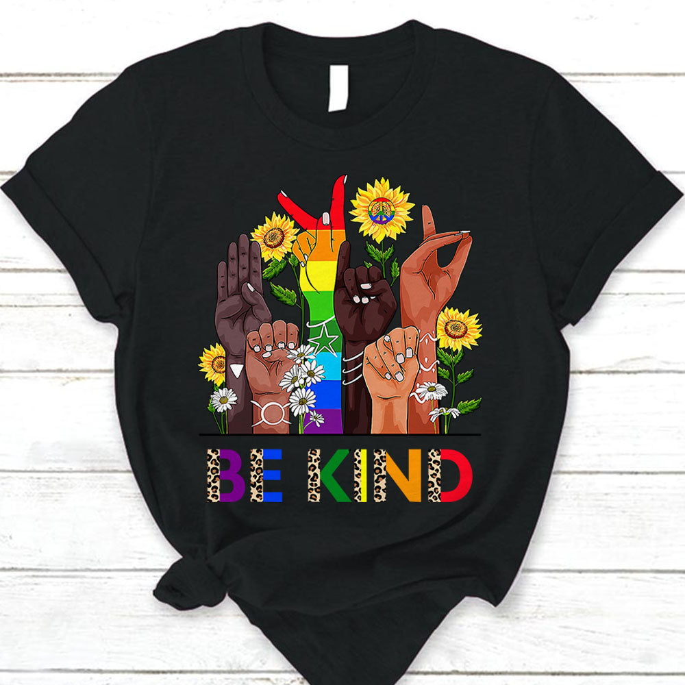 Be Kind Sign Language With Leopard Pattern Pride T-Shirt For Lgbt Community Hg98 Do99