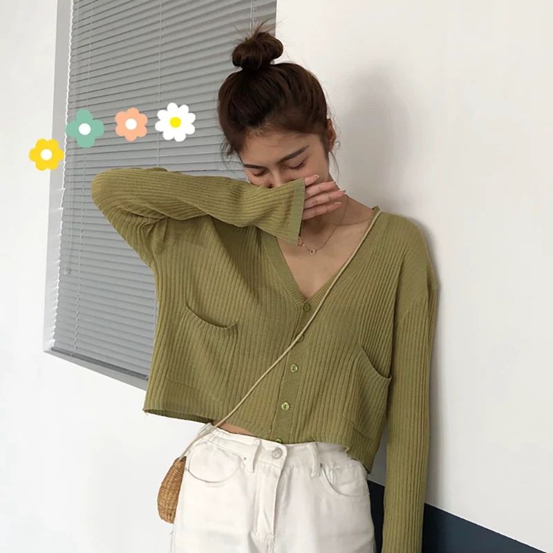 Cardigan Women Daily Crop Top Long Sleeve Harajuku All-match Solid Korean Fashion Casual White New Simple Summer Thin Sweet Cute alx