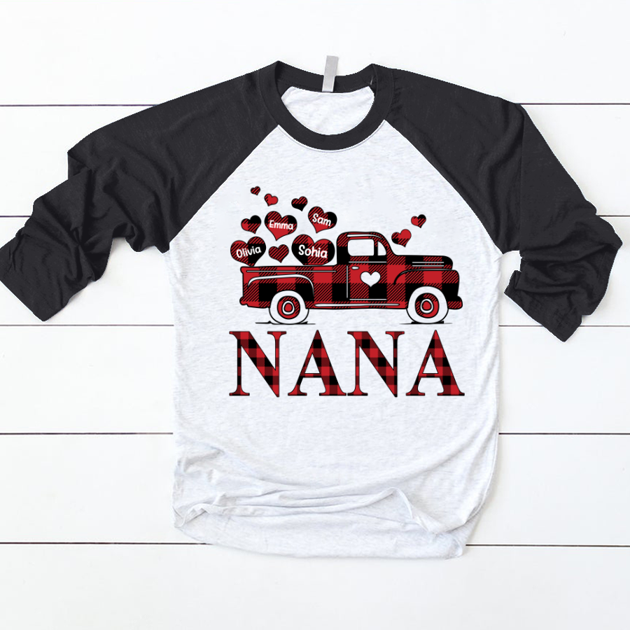 Valentine’S Day Shirt, Nana Truck Red Buffalo Plaid Heart Custom Names Baseball