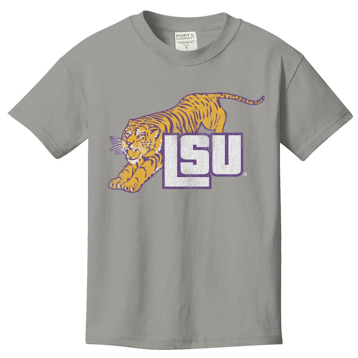 B&B Dry Goods Lsu Tigers Retro Leap Youth Garment Dyed T-Shirt – Grey