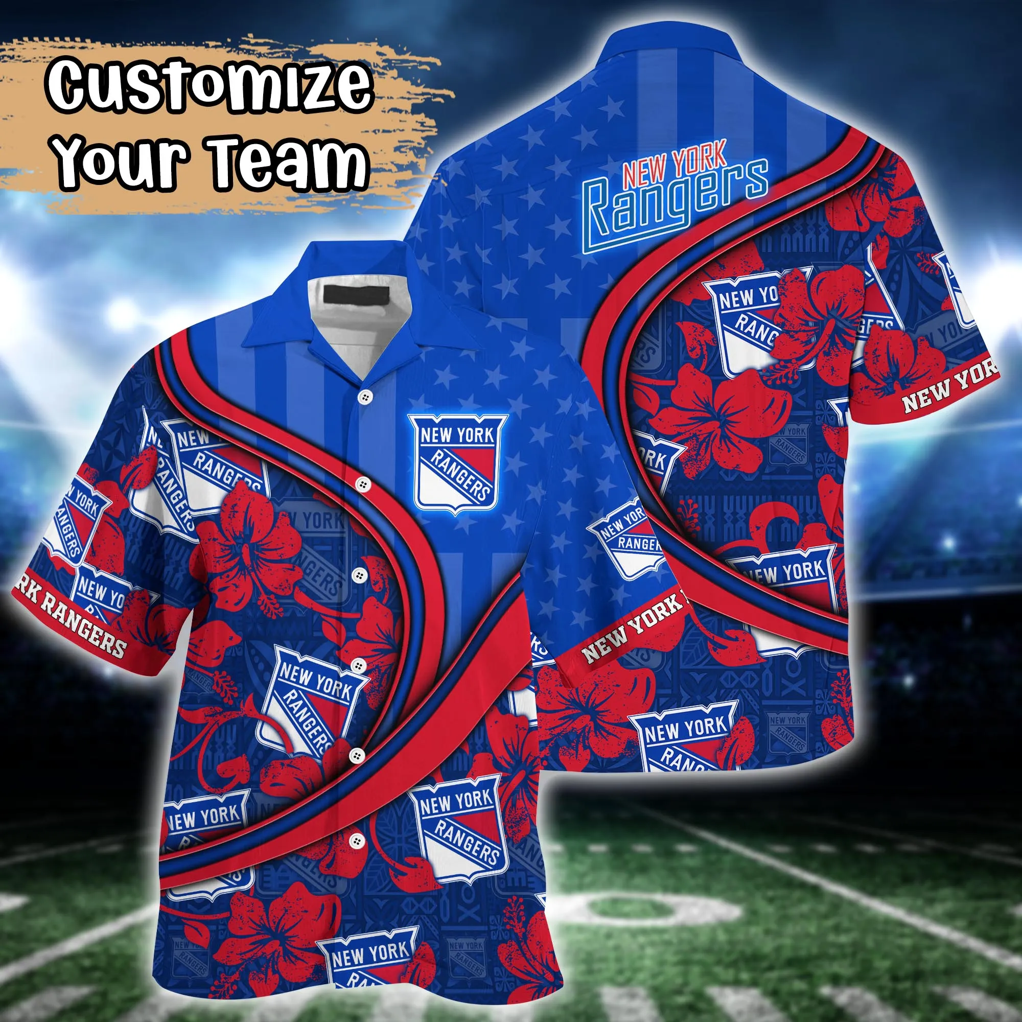 New York Rangers Nhl Us Flag Hawaiian Shirt Custom Summer Aloha Shirt