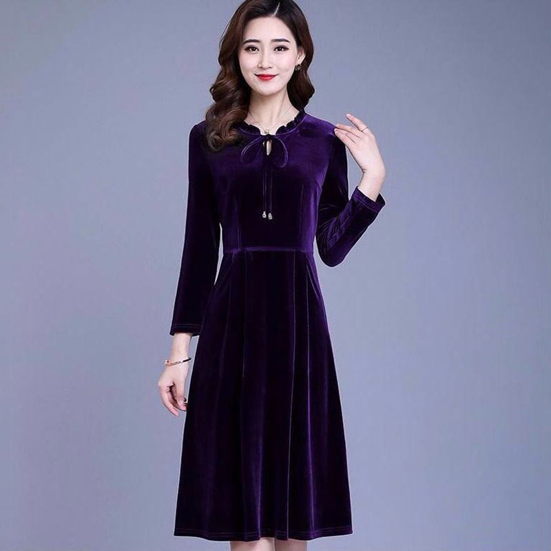 Women Autumn Winter Velvet Dress Lady Long Sleeve Party Velour Dress Long Sleeve Casual A-Line Elegant Vesitos alx