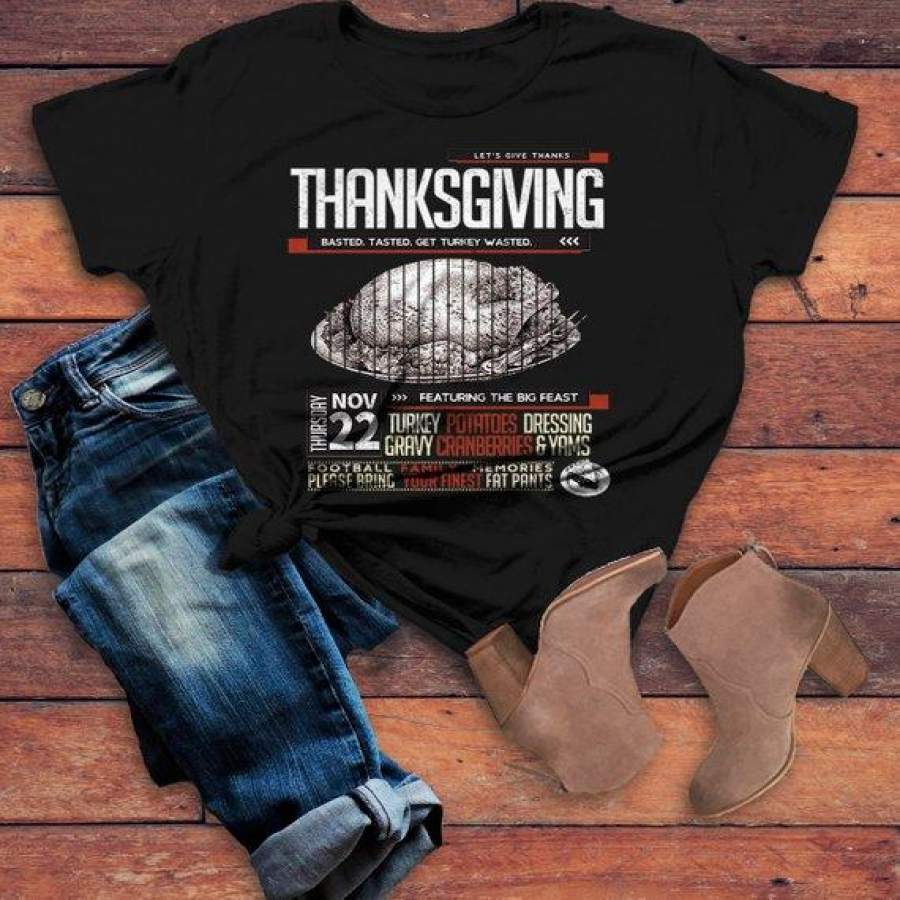 Women’s Vintage Thanksgiving T Shirt Poster Style Menu Feast Dinner Shirts Graphic Tee