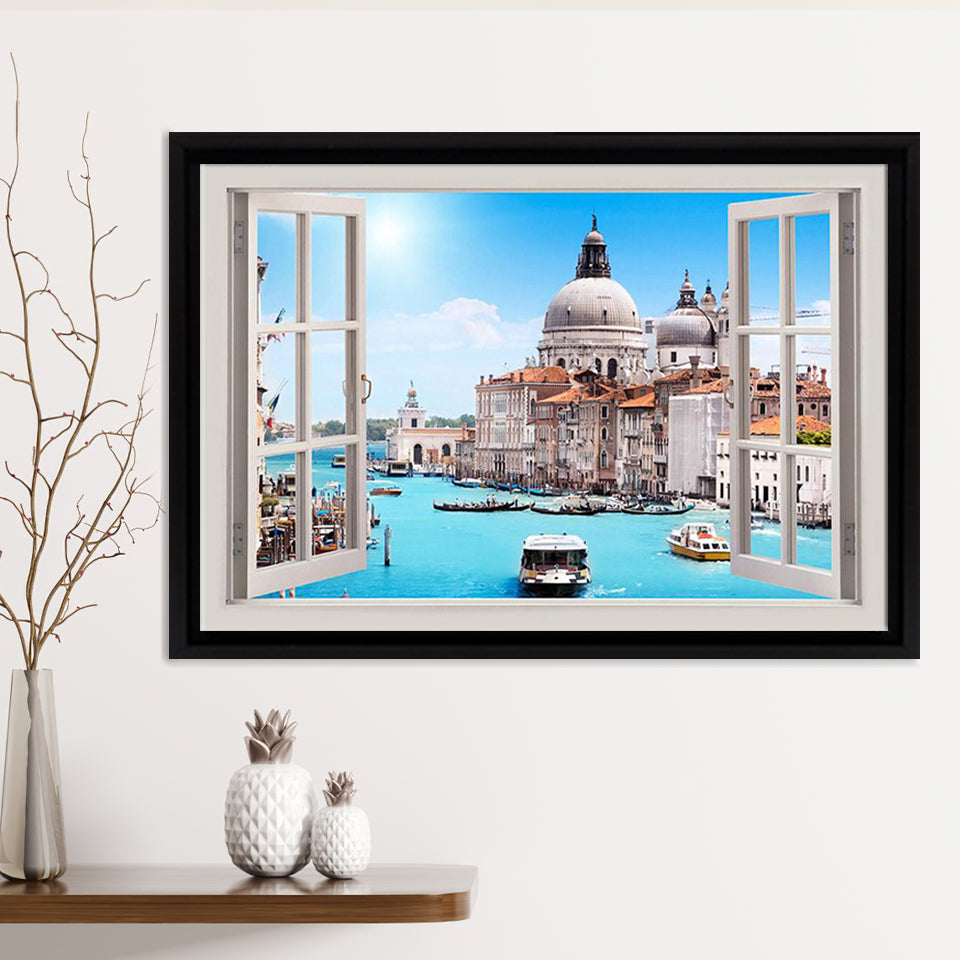 Iconic Italy Venice Landscape 3D Window Bay Effect Framed Canvas Print – Canvas Painting, Canvas Art, Wall Art, Wall Decor