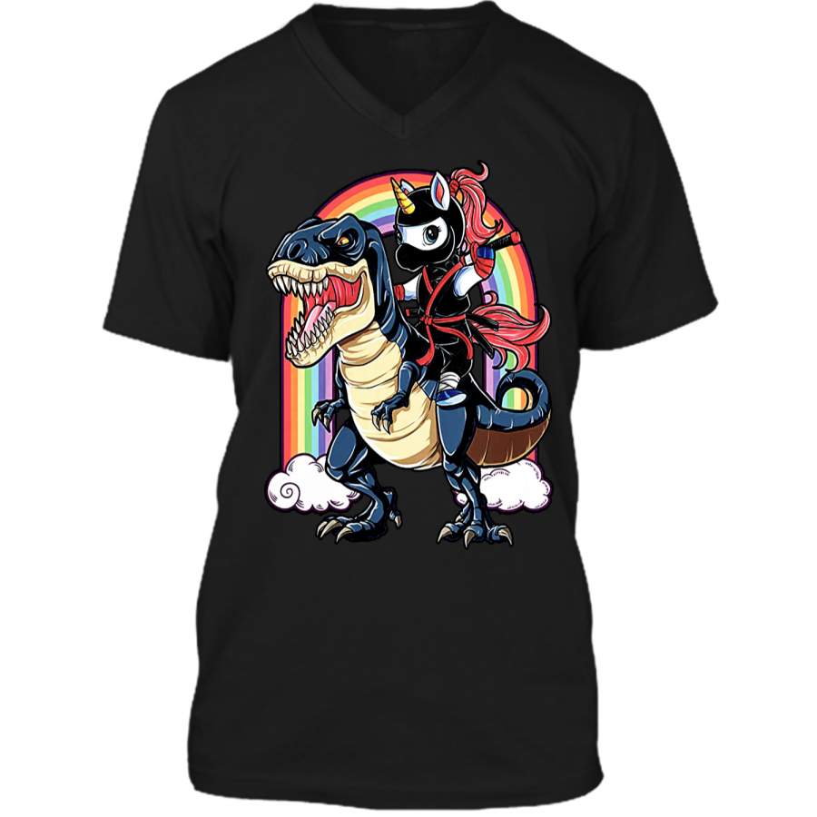 Unicorn Riding Dinosaur Shirt Funny Unicorn Ninja Shirt Mens Printed V-Neck T