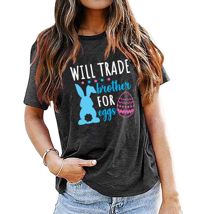 Women Will Trade Easter Bunny Alphabet Print Short Sleeve Crew Neck T-Shirt