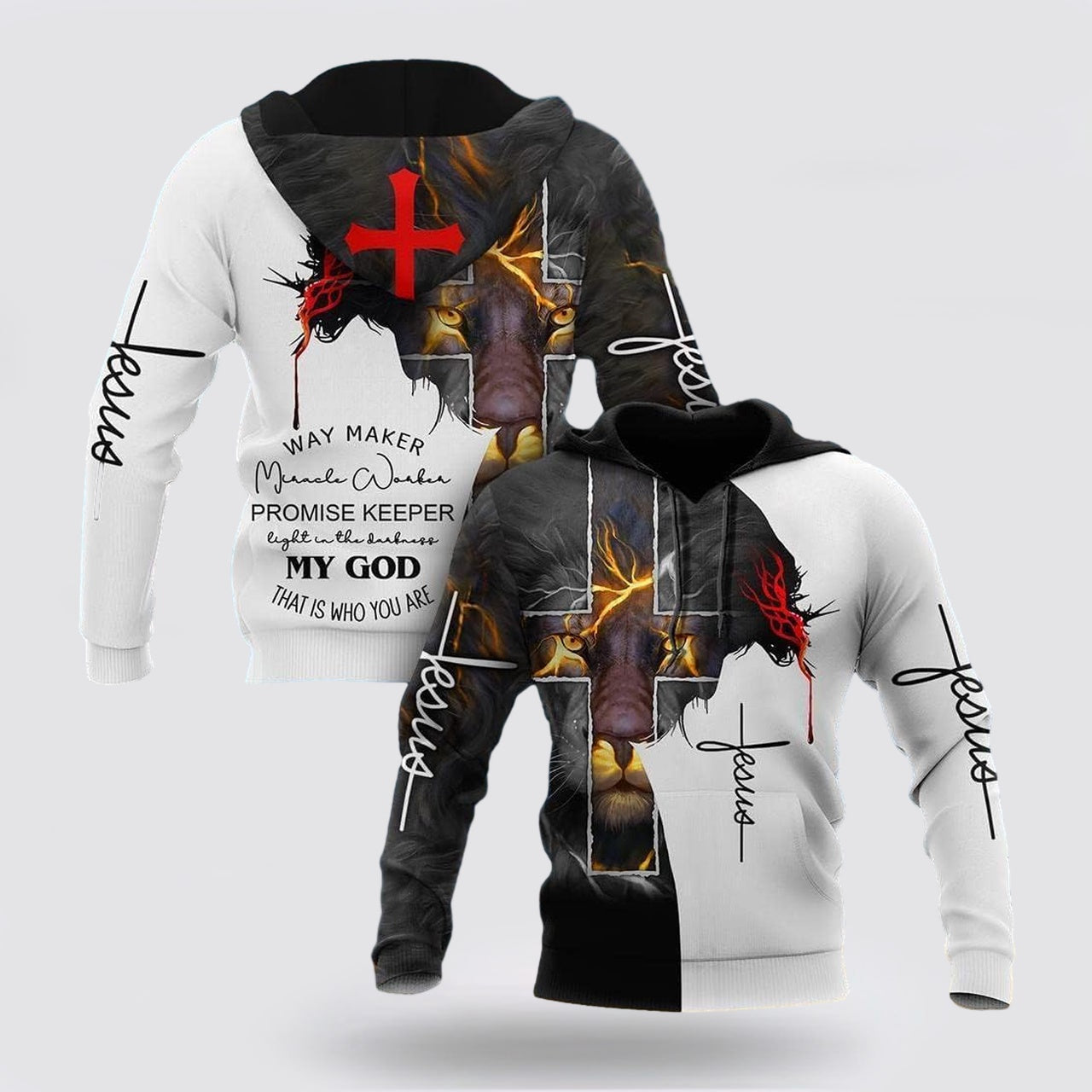 The Lion Cross Way Maker Miracle Worker Promise Keeper 3D Hoodies For Women Men Christian Apparel Hoodies