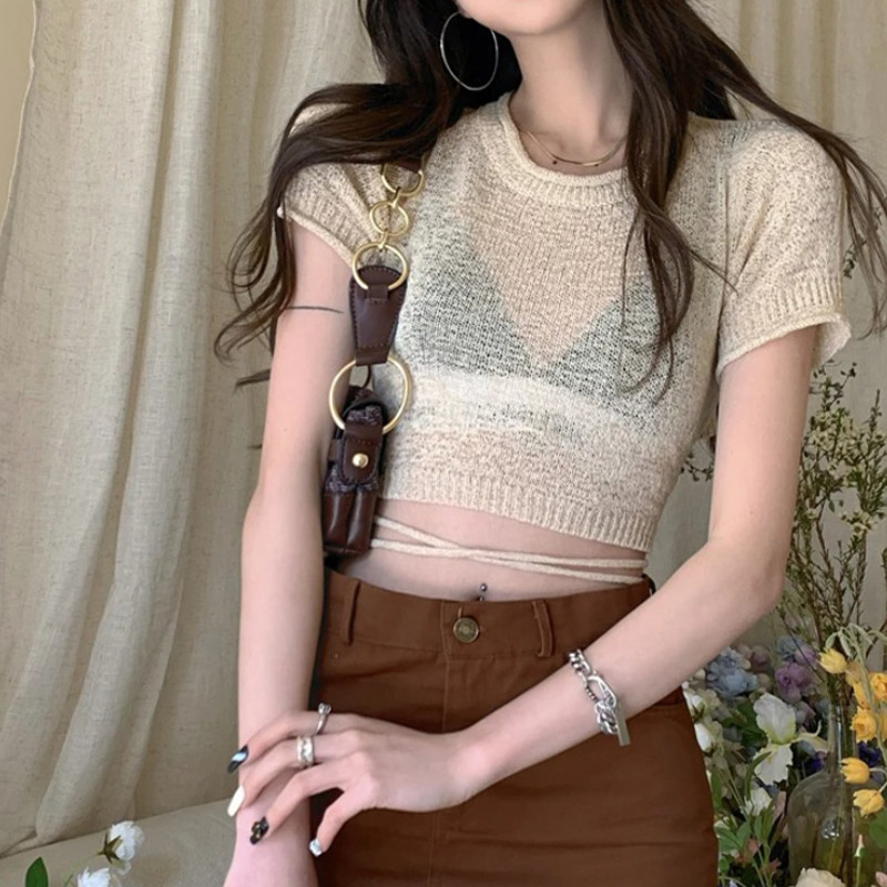 Women Fashion Wild Crop Tops Thin See-Through Short Sleeve Knitted Sweater Summer Back Tie-Up Transparent Shirt for Women alx