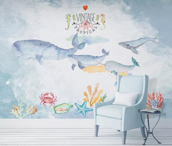 3D Watercolor Dolphin Underwater World Wall Mural Wallpaper 27