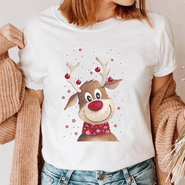 Women Deer Animal New Year Holiday Tshirt Top Happy Merry Christmas Cartoon Trend Clothes Graphic Style Female Tee T-Shirt