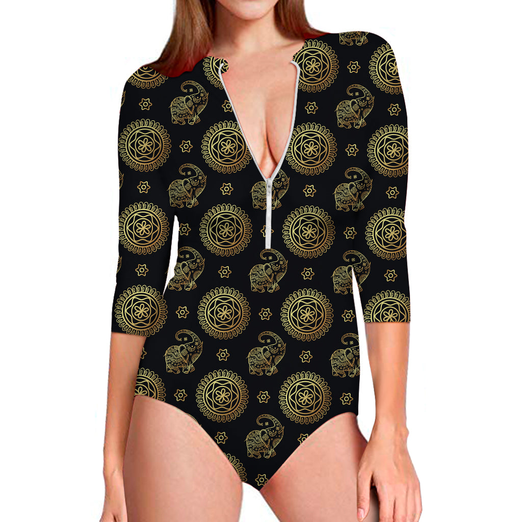 Blue And Gold Tribal Elephant Print Long Sleeve One Piece Swimsuit