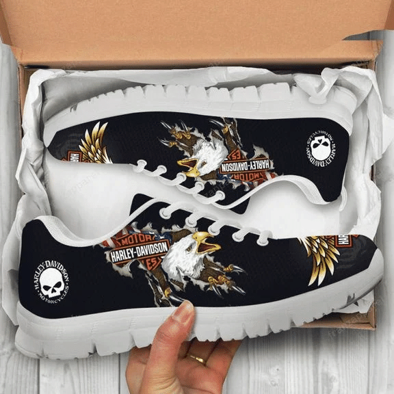 Eagle Harley Davidson Print Sneakers, Women’S Sneakers, Handmade Crafted Sneaker White Shoes Birthday Gift Fashion Fly Sneakers  Men And Women Size  Us