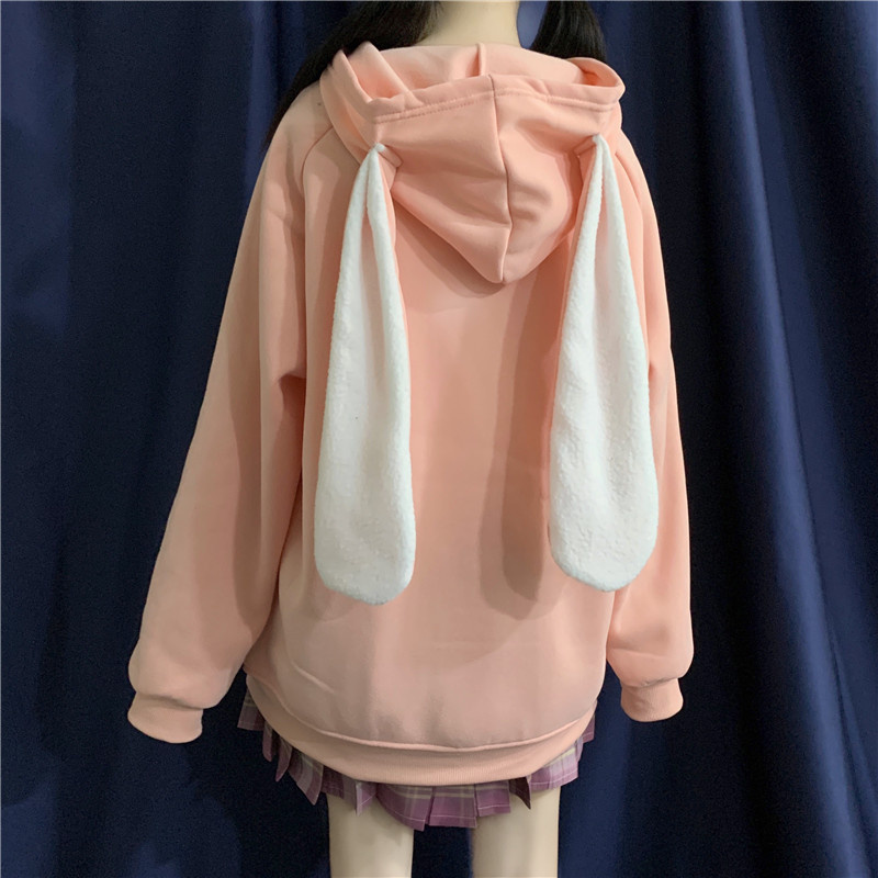 Kawaii Hoodies Women Cute Rabbit Fleece Long Ears Hooded Sweatshirts Flocking Bear Embroidery Zip Up Pocket Top Bestie Clothes alx