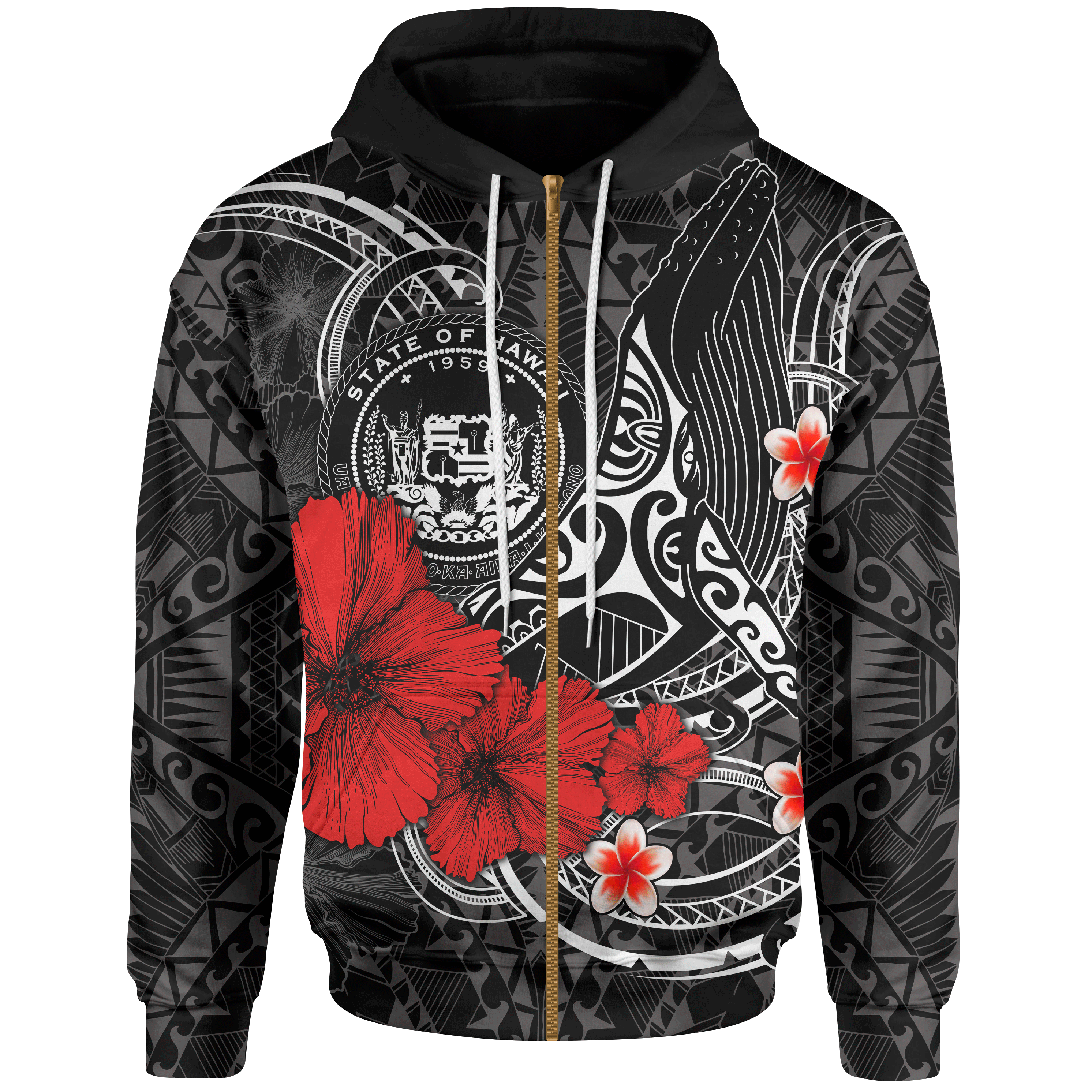 Polynesian Hawaii Zip-Up Hoodie – Humpback Whale with Hibiscus (White) – Pacific Print Hoodie