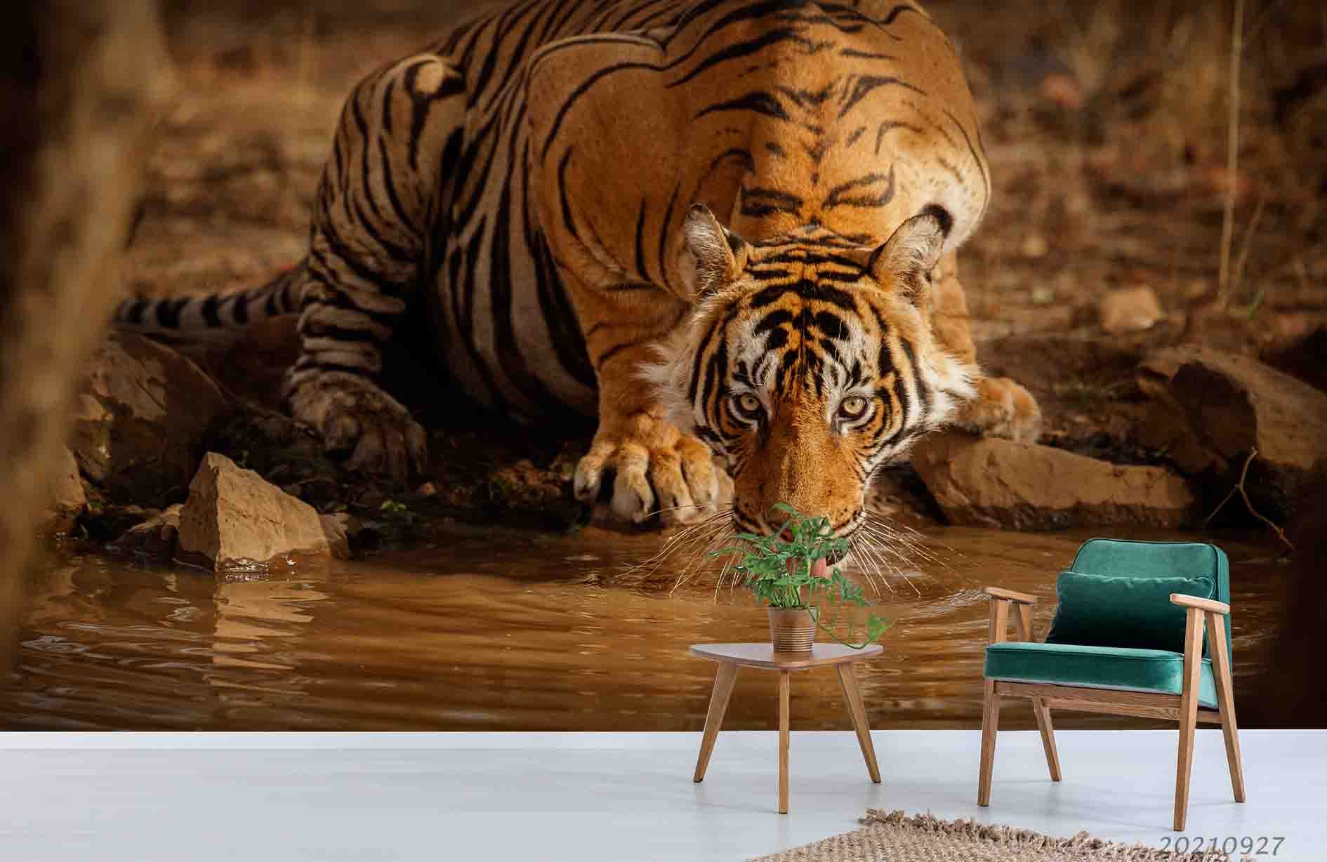 3D Wild Animal Tiger Drinking Wall Mural Wallpaper Lqh 49