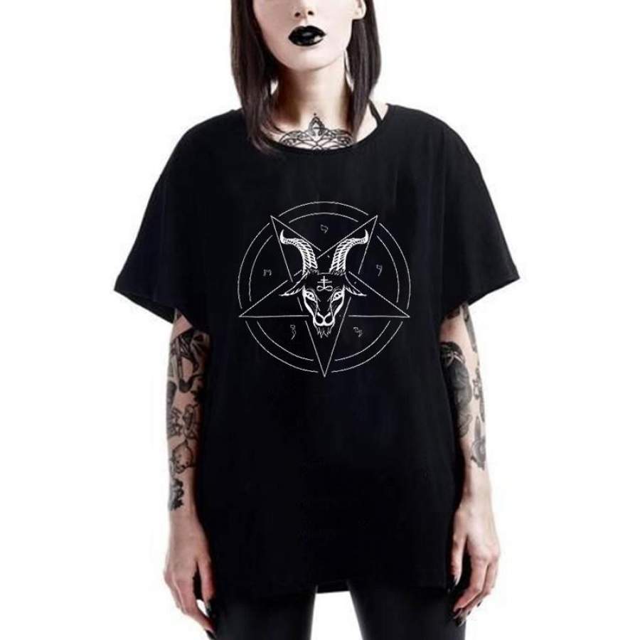 Summer Fashion Cotton Short Sleeve Satan T Shirt Baphomet Satanic Pentagram T-Shirt Gothic Satan Tshirt For Women