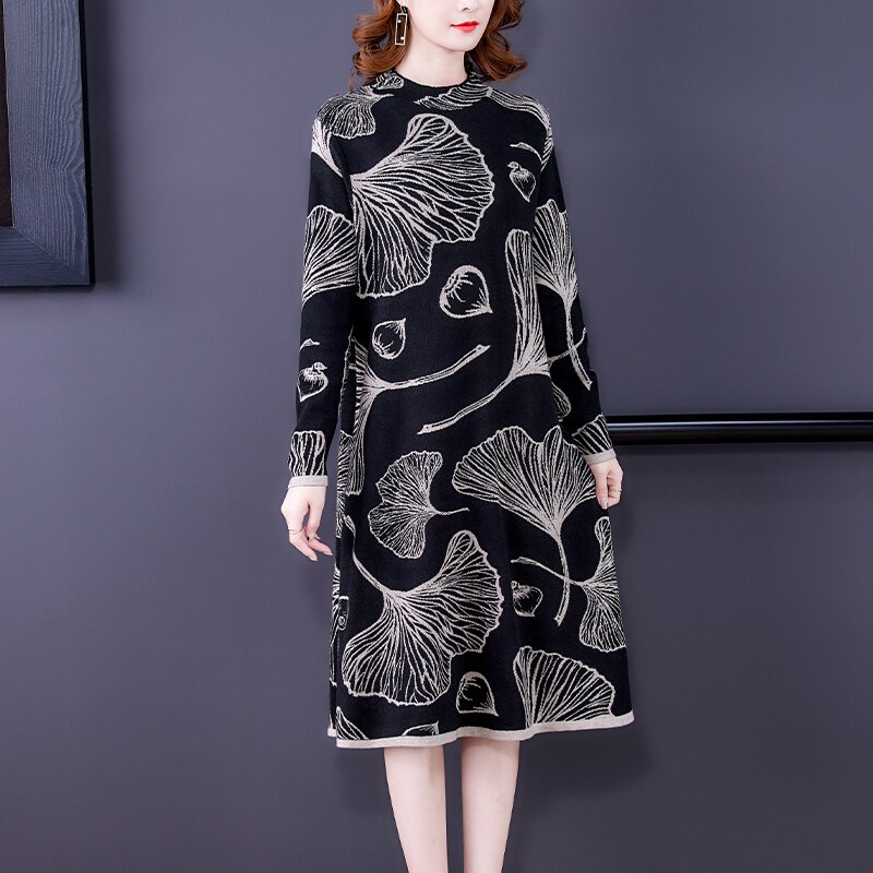 Women Elegant Bodycon Thick Sweaters 2021 Vintage Knitted Tultleneck Pullover Autumn Winter Black Print Wool Sweaters Midi Dress alx
