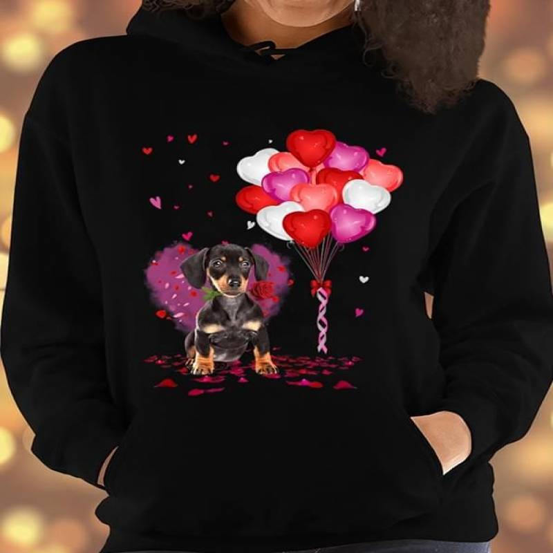 Dachshund Cute Dog Lovely Puppy Heart Balloons Falling Flower Petals Falling Heart Sausage Dog Adorable Gift For Dachshund Lovers Black Unisex Hoodie S-5Xl