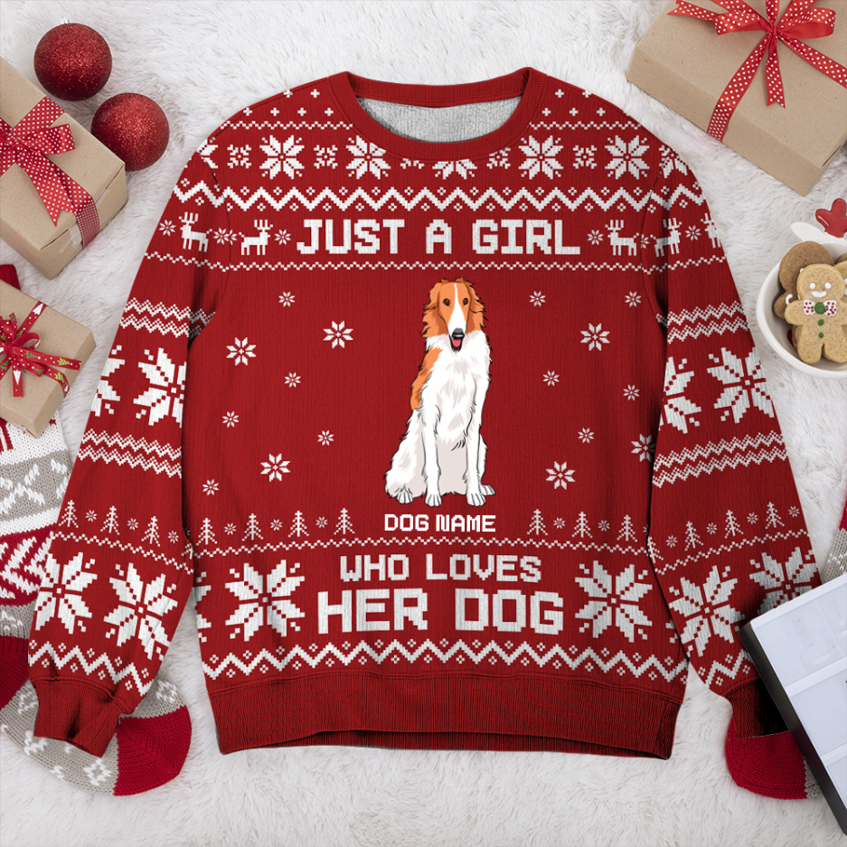 Borzoi Just A Girl Personalized Sweater, Dog Ugly Christmas Sweater