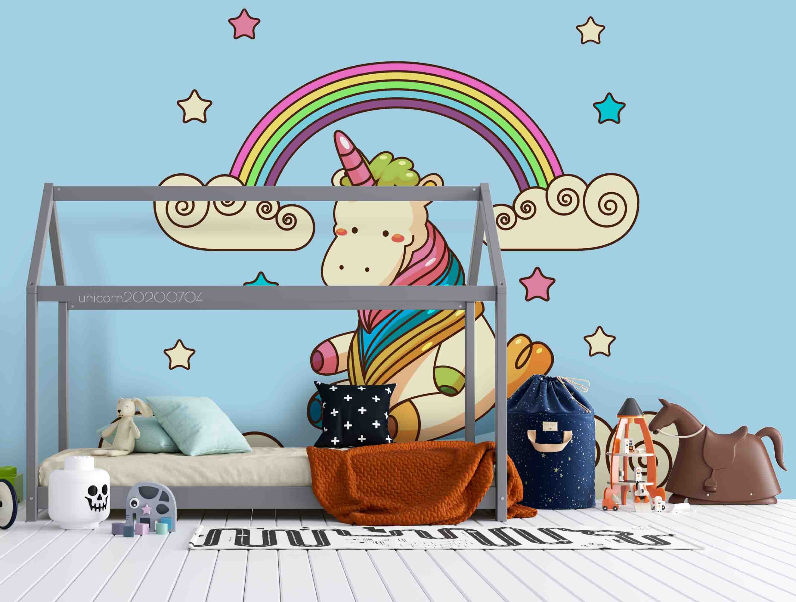 3D Blue Rainbow Sky Cloud Unicorn Wall Mural Wallpaper A222 Lqh