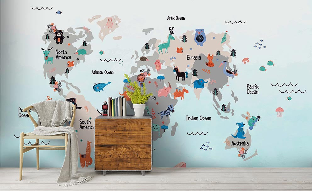 3D Cartoon Animal World Map Wall Mural Wallpaper Sf94