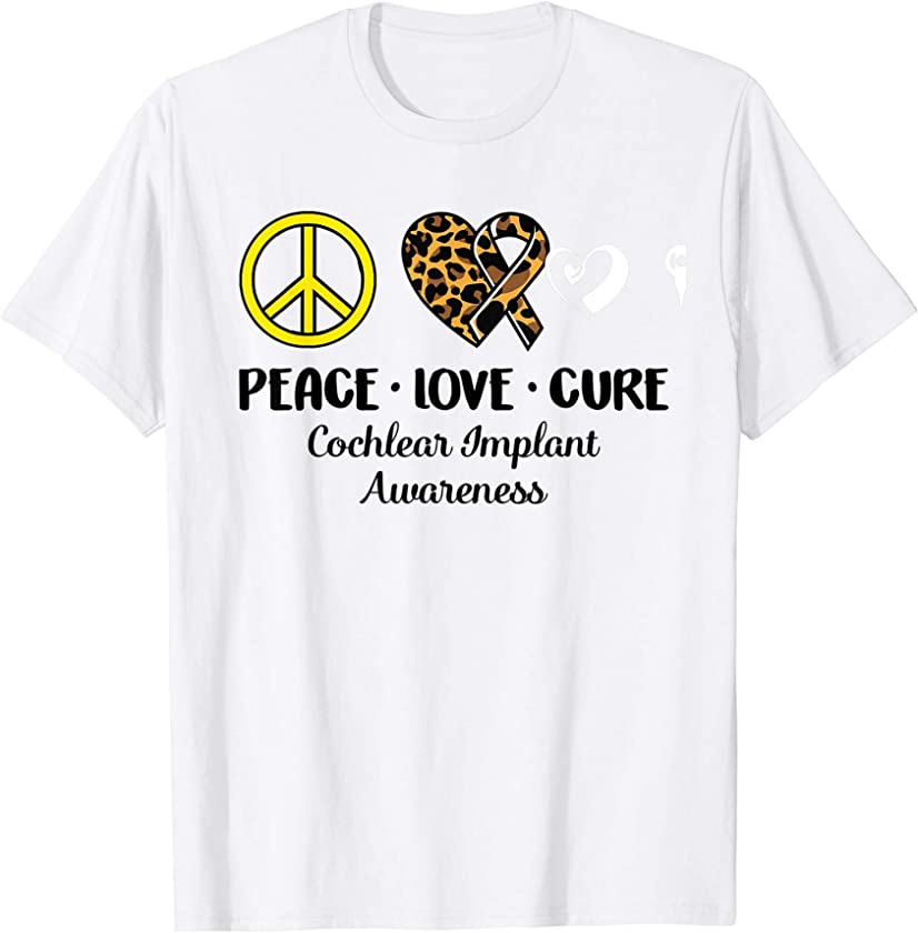 Cochlear Implant Awareness Peace Love Leopard Heart Ribbon T-Shirt